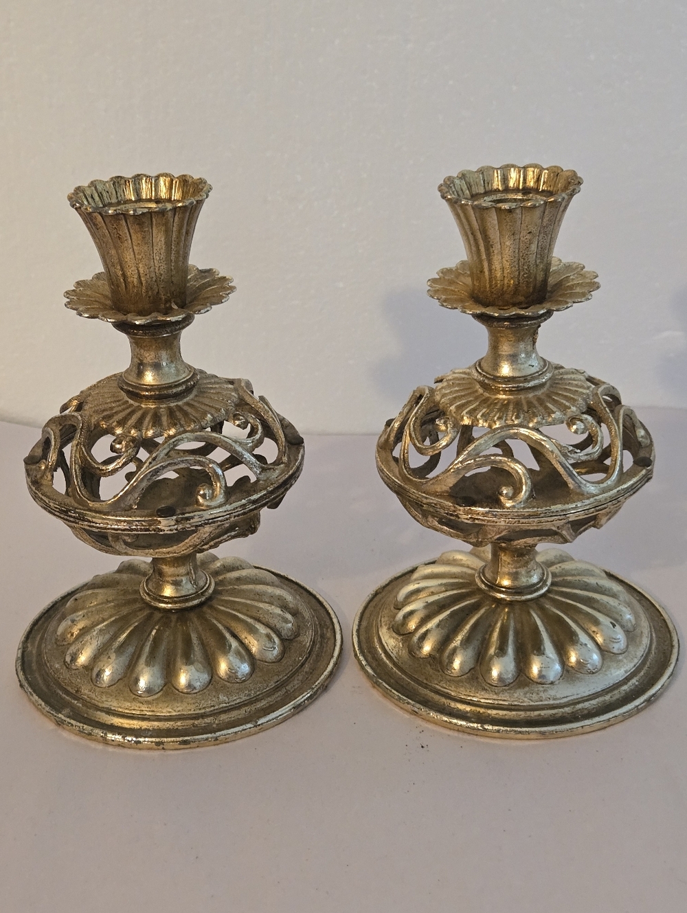 2 Late 20th Century Large Gilded Gold Painted Metal Candle Sticks -7in Tall